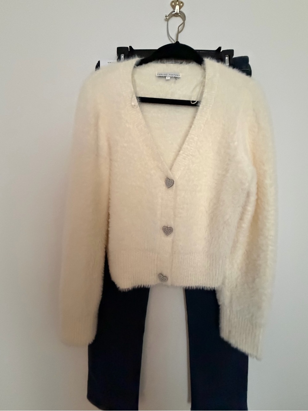 English Factory Cream Fuzzy Heart-Button Cardigan